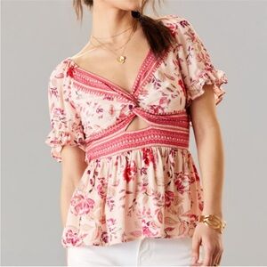 Francesca’s Pink Paisley Peplum Keyhole Blouse, Size XL